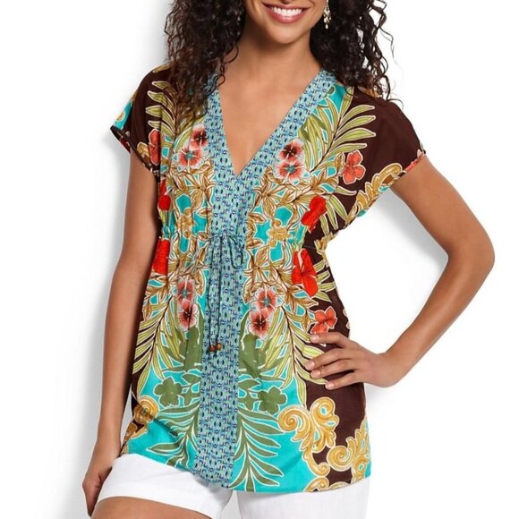 Tommy Bahama Womens Tropical Floral Print Tunic Top S/P Multicolor Short Sleeve - Picture 1 of 9